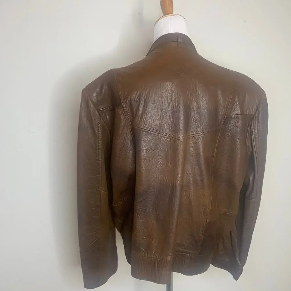 Vintage Grunge Brown Leather Bomber Jacket Sz 46 XL